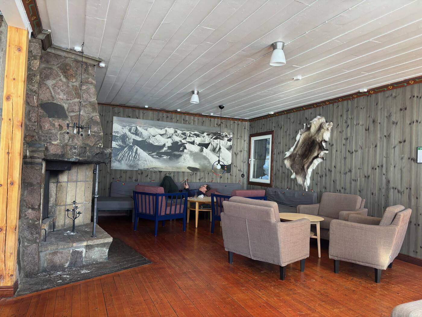 Salon Kebnekaise Fjällstation, cheminée et peaux au mur
